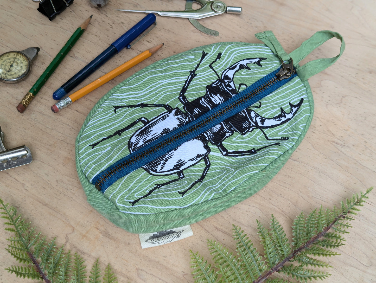 zippered pouch | stag beetle - green insect/bug pencil, supply, makeup bag with waterproof lining