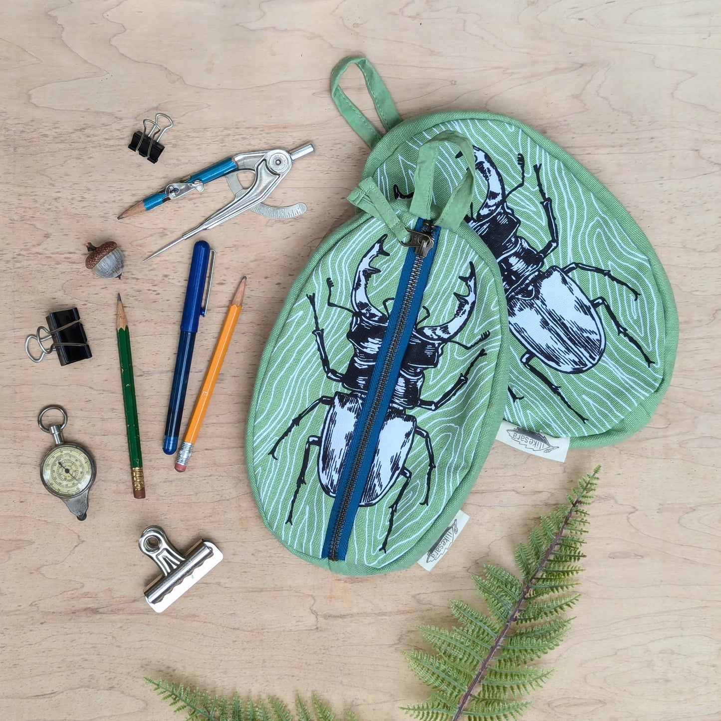 zippered pouch | stag beetle - green insect/bug pencil, supply, makeup bag with waterproof lining