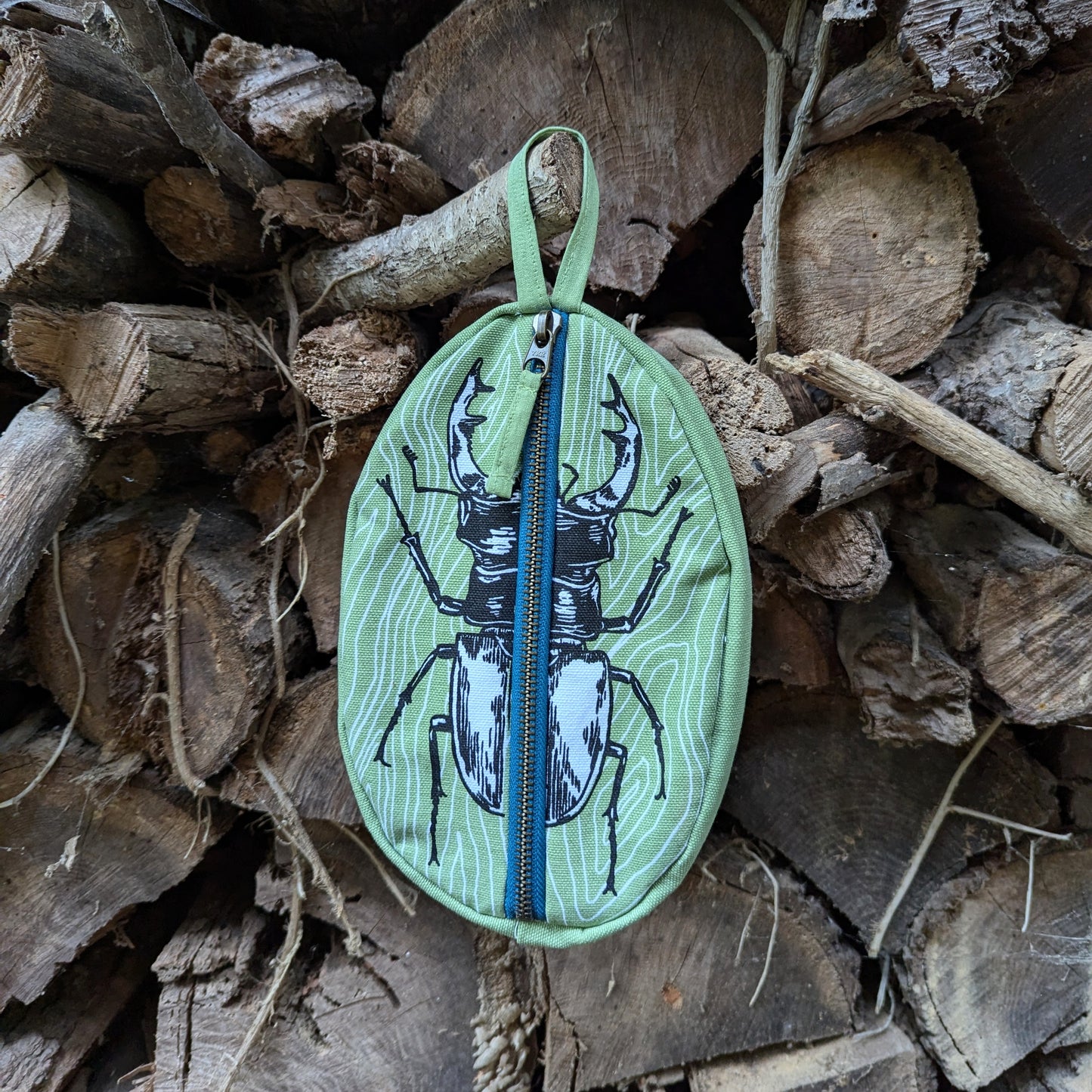 zippered pouch | stag beetle - green insect/bug pencil, supply, makeup bag with waterproof lining