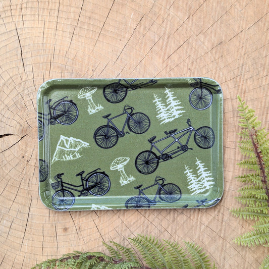 fiberglass tray | bicycle adventure - green bike pattern 7" x 5" dishwasher safe