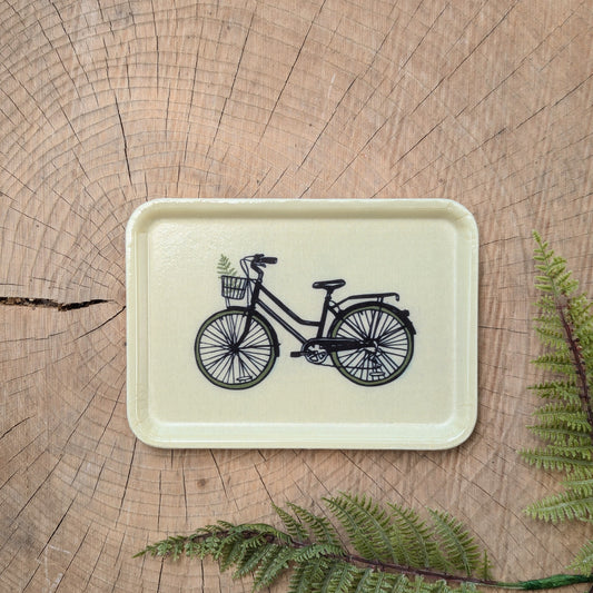 fiberglass tray | bike with fern - cream vintage bicycle 7" x 5" dishwasher safe