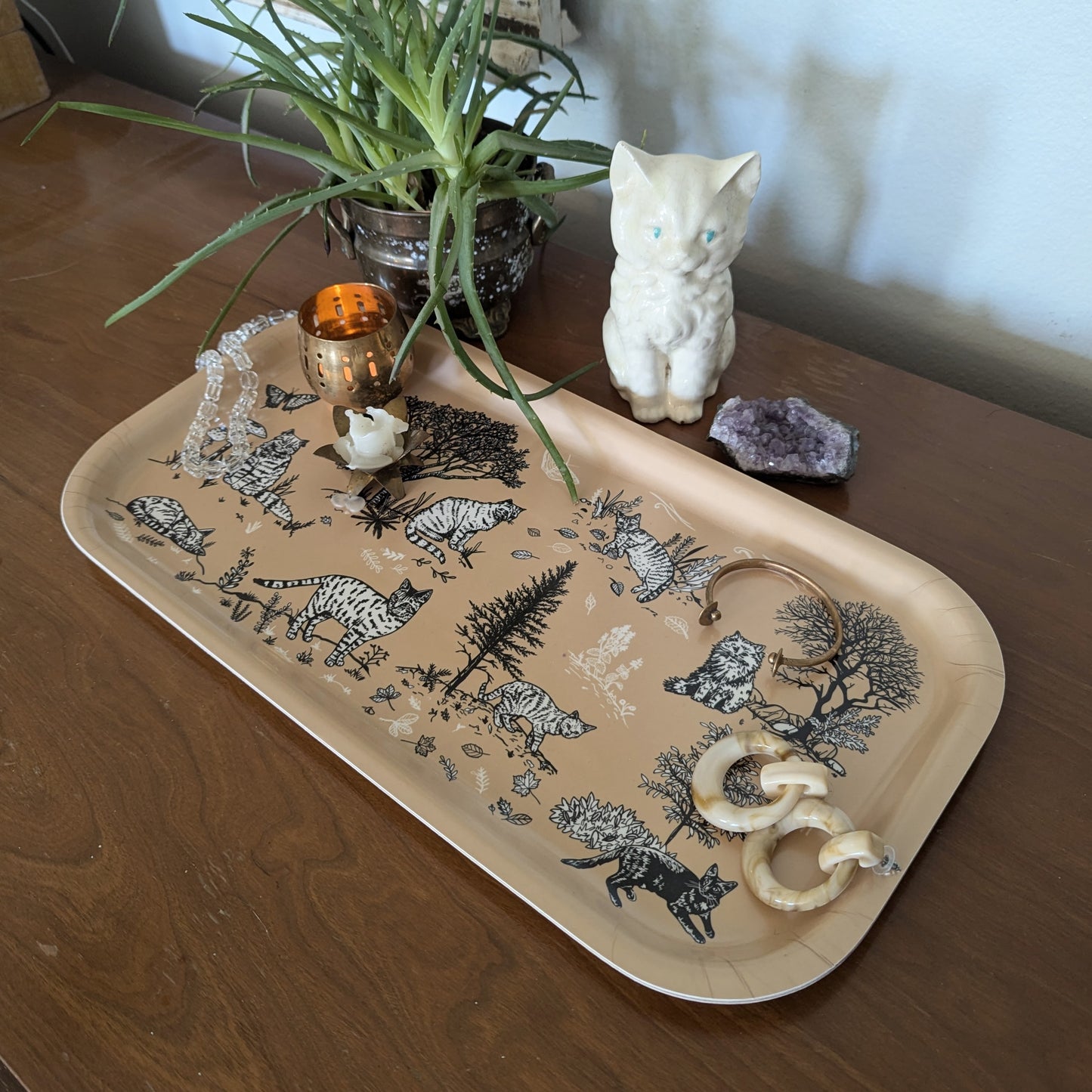 birch wood tray | outside cats - tan 17" x 9" dishwasher safe