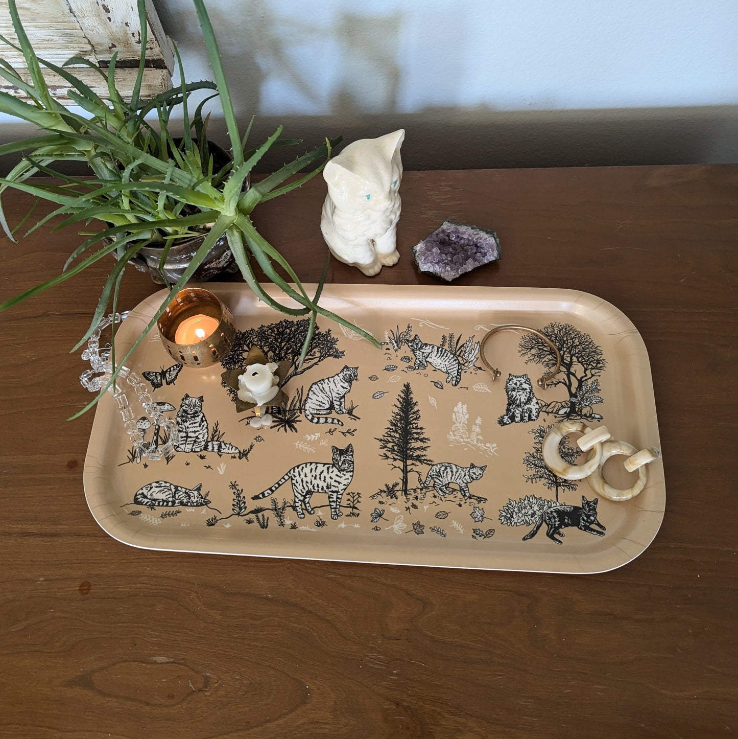 birch wood tray | outside cats - tan 17" x 9" dishwasher safe