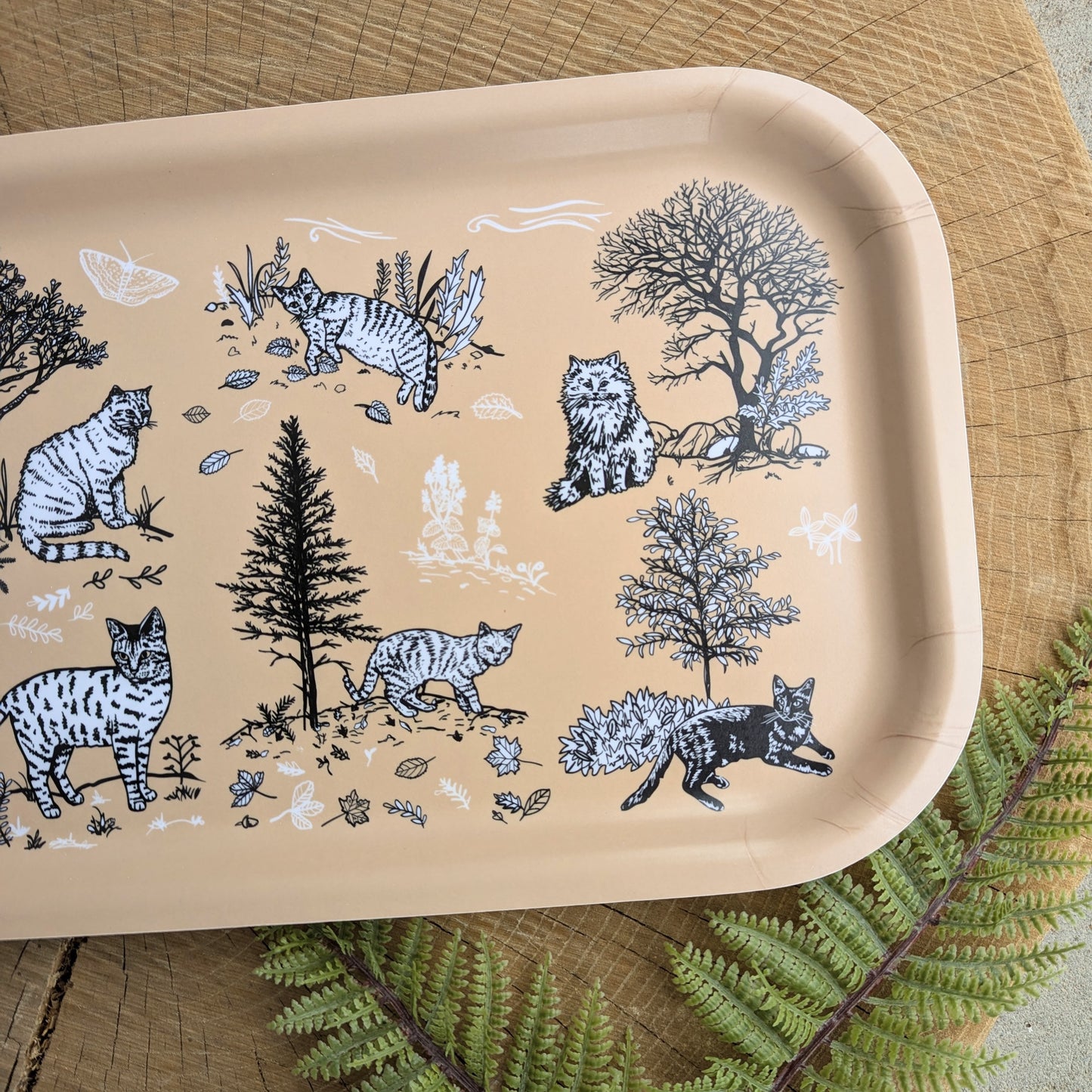 birch wood tray | outside cats - tan 17" x 9" dishwasher safe