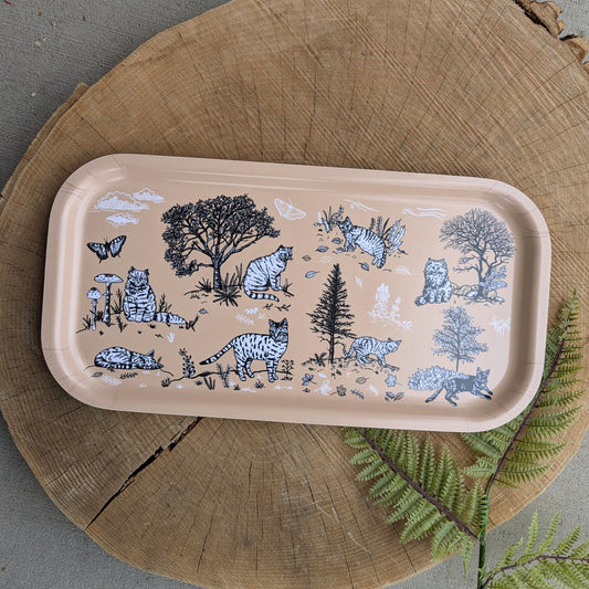 birch wood tray | outside cats - tan 17" x 9" dishwasher safe
