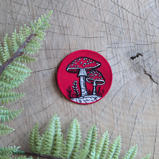 iron-on patch | fly agaric mushroom - 2.5" round red