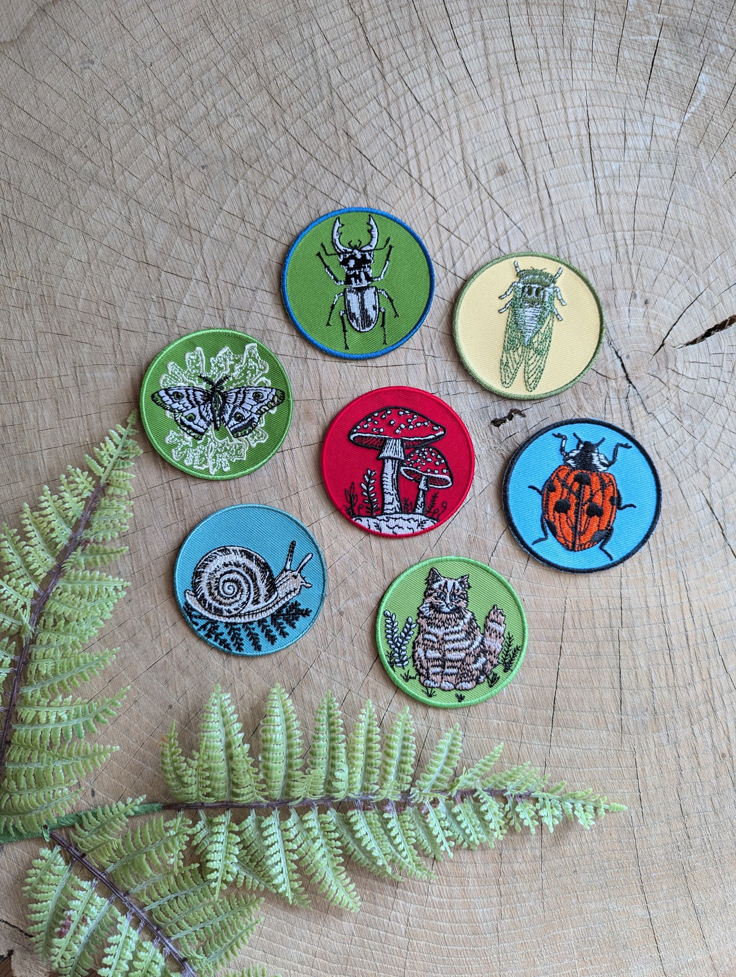 iron-on patch | snail with fern - 2.5" round teal