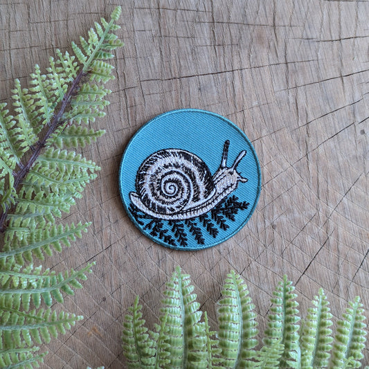 iron-on patch | snail with fern - 2.5" round teal