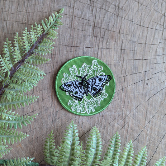 iron-on patch | polyphemus moth with lichen - green 2.5" round