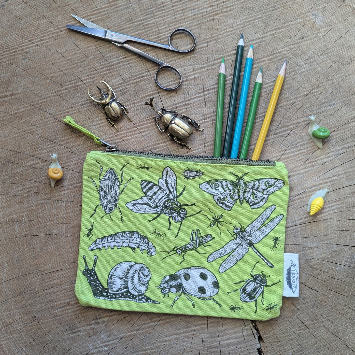 zippered pouch | insecta - light green pencil, supply, makeup bag with waterproof lining