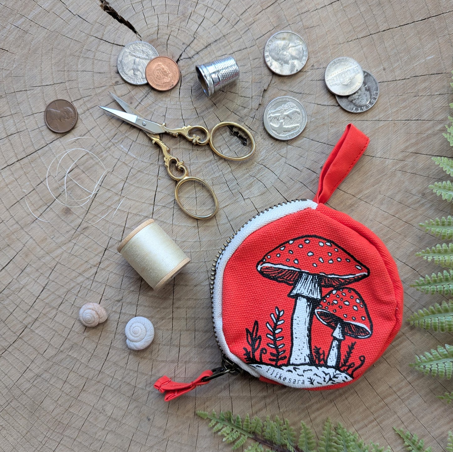 coin pouch | mushroom - red zipper bag with waterproof lining