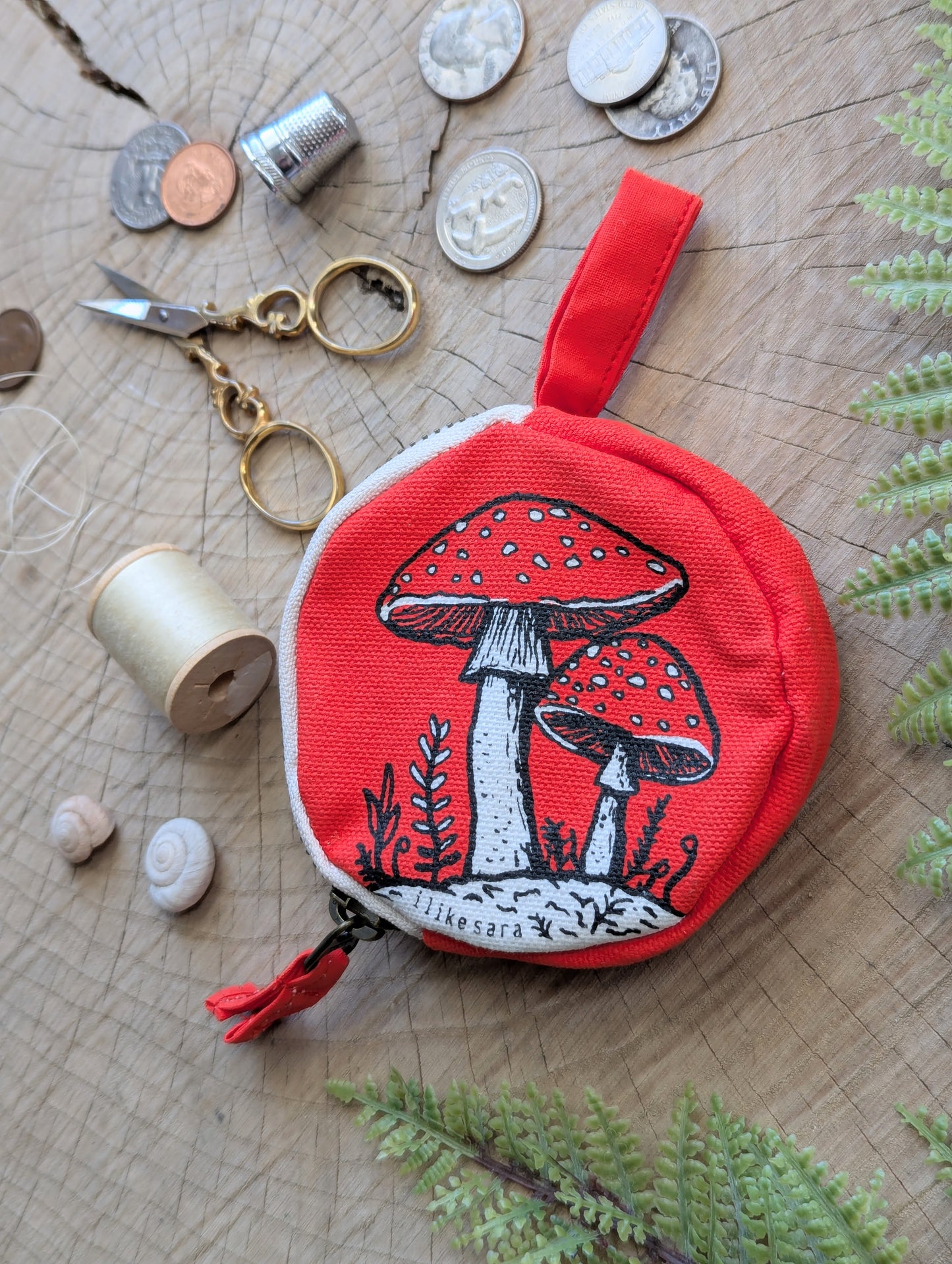 coin pouch | mushroom - red zipper bag with waterproof lining