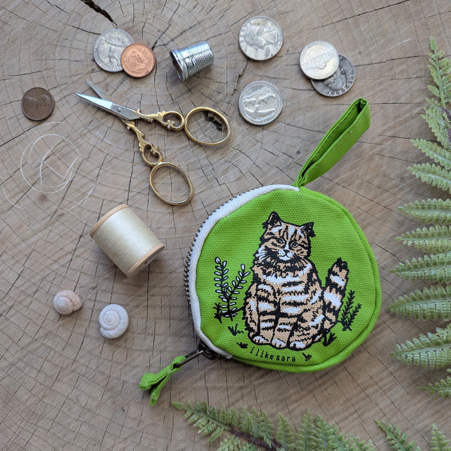 coin pouch | cat - green zipper bag with waterproof lining