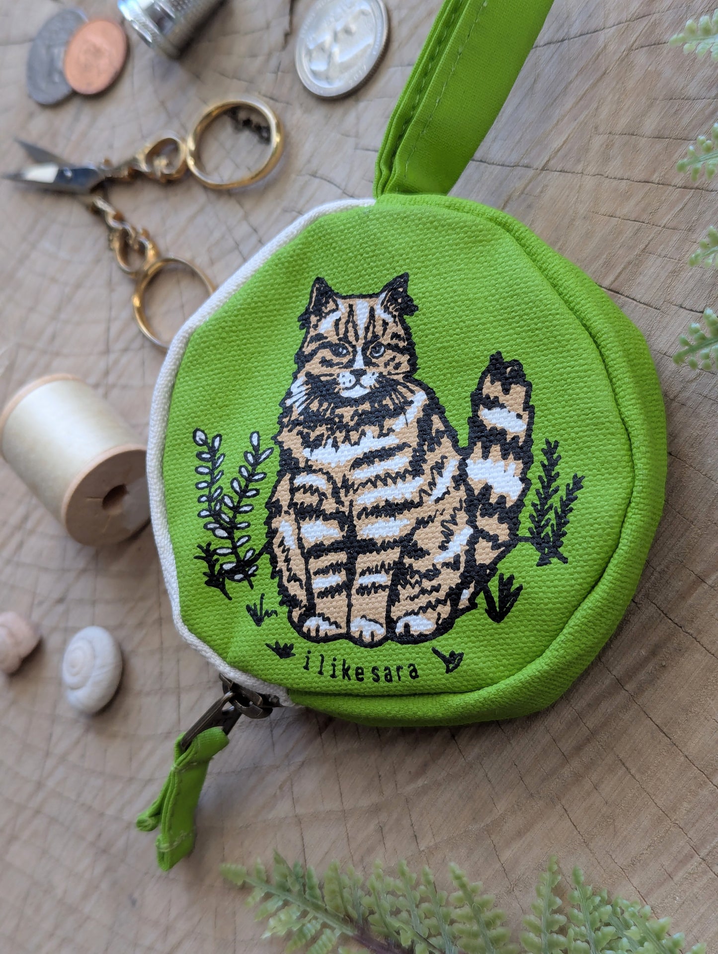 coin pouch | cat - green zipper bag with waterproof lining
