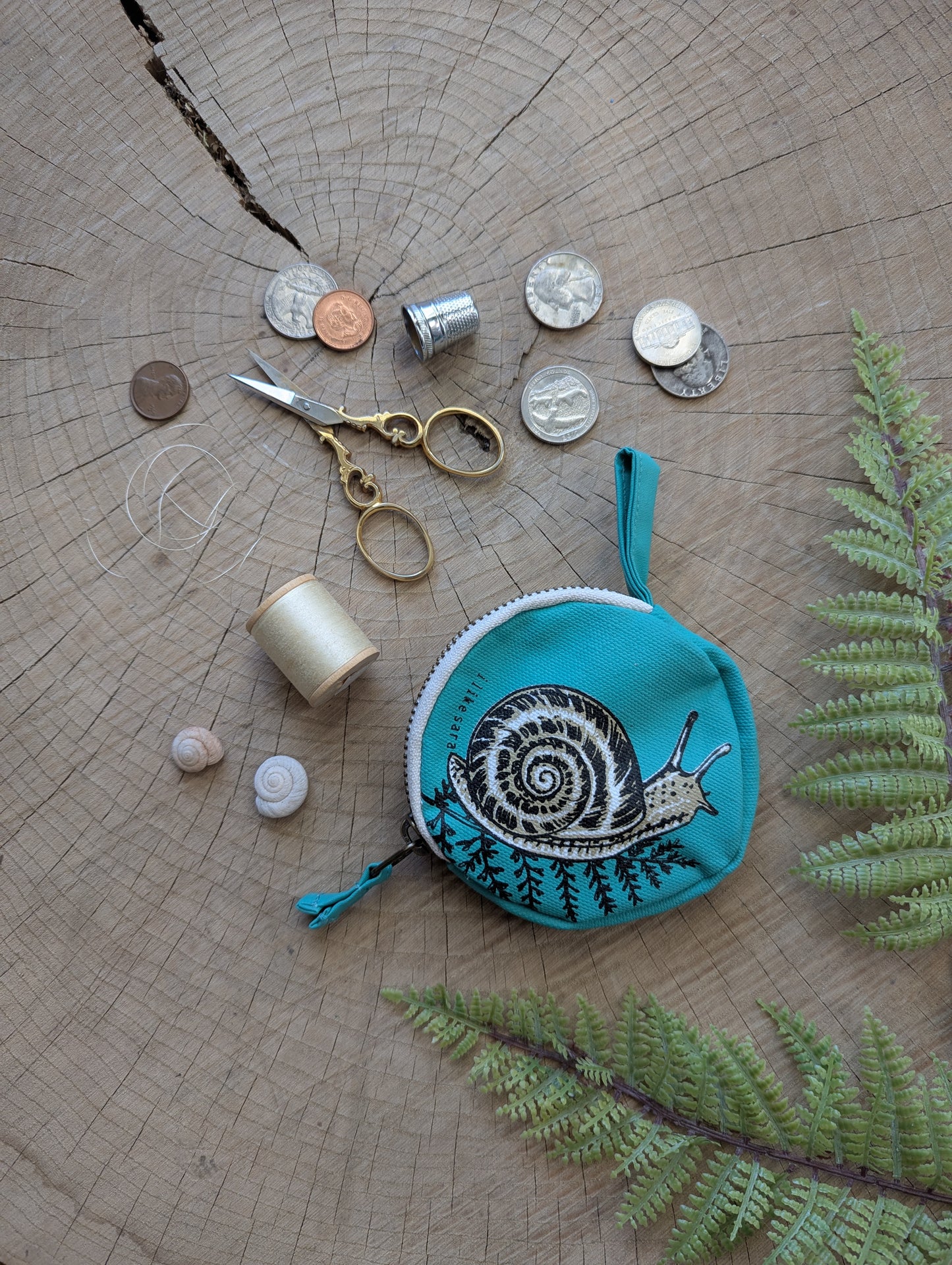 coin pouch | snail - teal zipper bag with waterproof lining