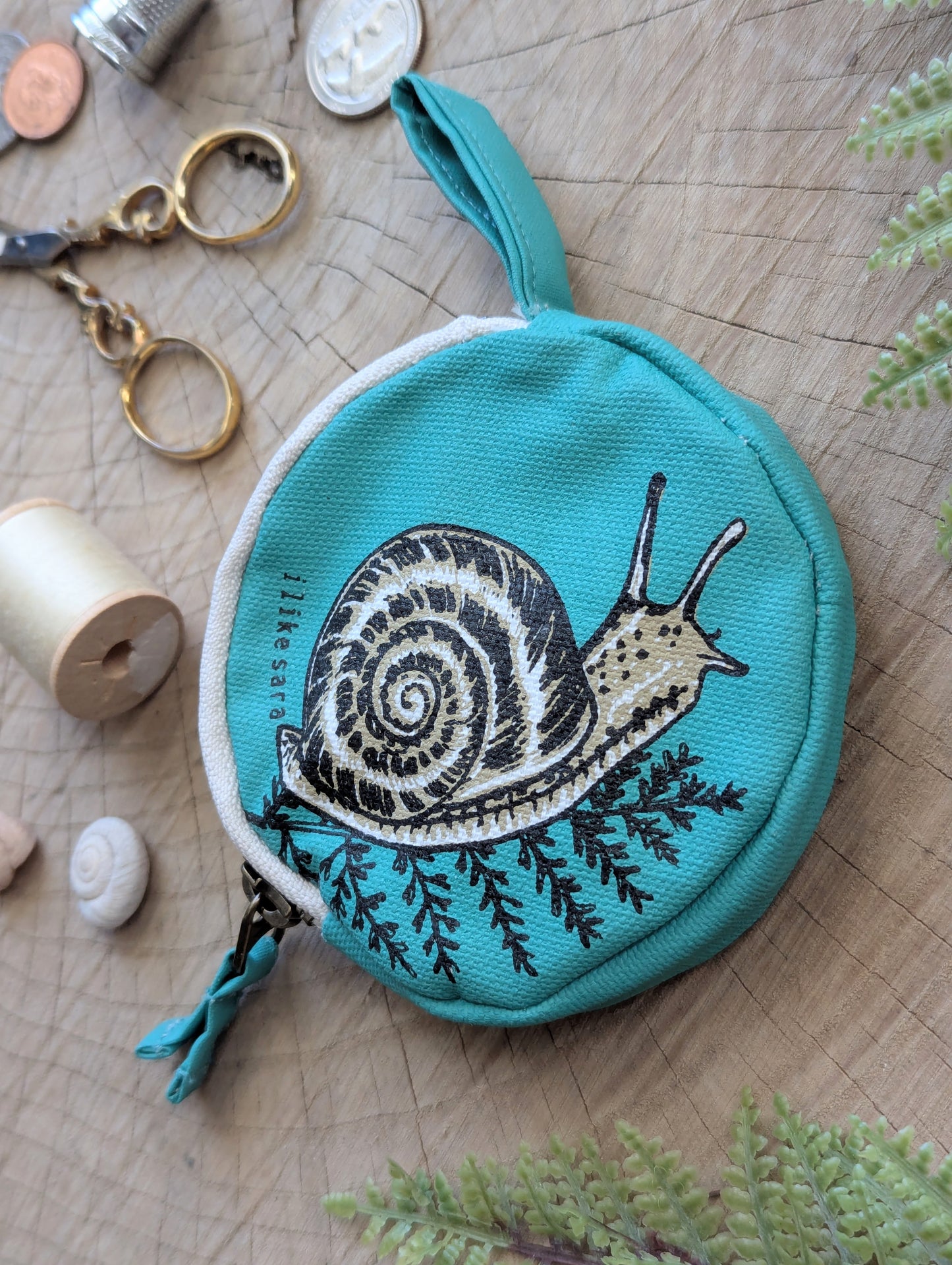 coin pouch | snail - teal zipper bag with waterproof lining