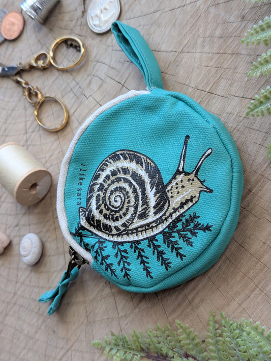 coin pouch | snail - teal zipper bag with waterproof lining
