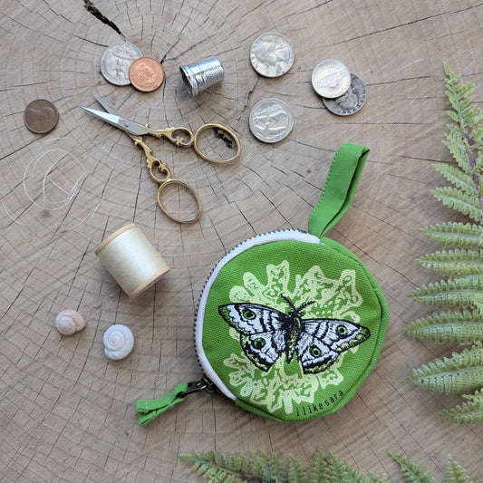 coin pouch | moth - green zipper bag with waterproof lining