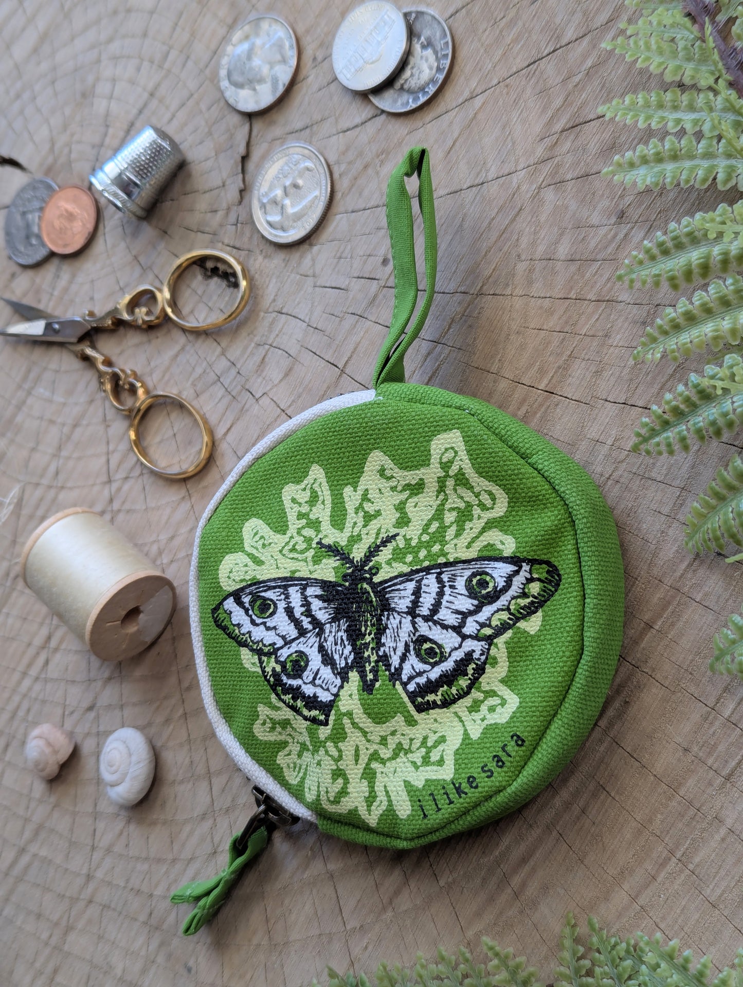 coin pouch | moth - green zipper bag with waterproof lining