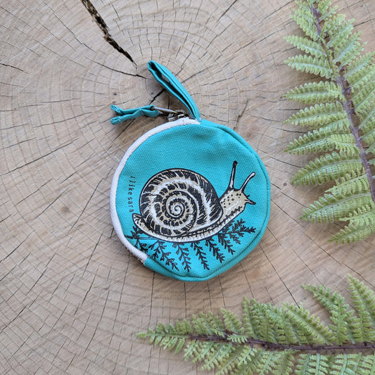 coin pouch | snail - teal zipper bag with waterproof lining