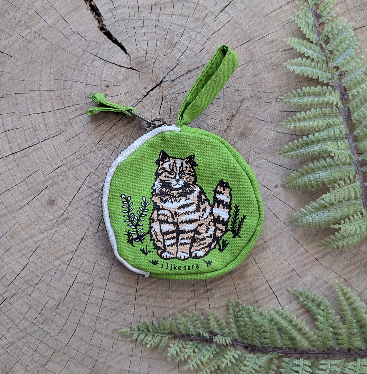 coin pouch | cat - green zipper bag with waterproof lining