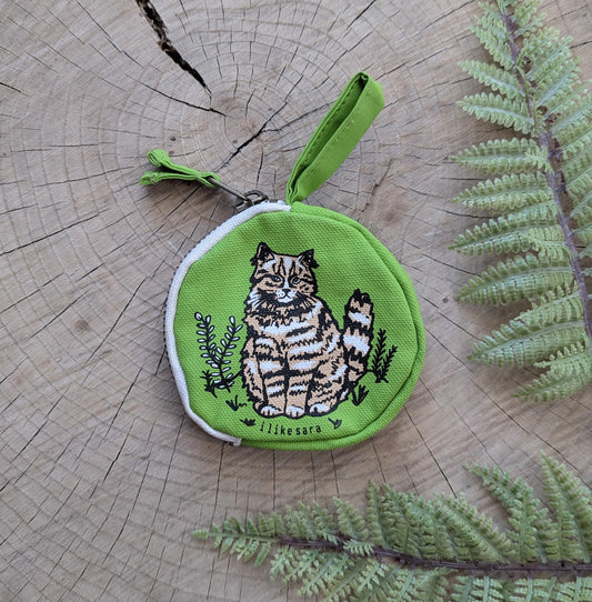 coin pouch | cat - green zipper bag with waterproof lining