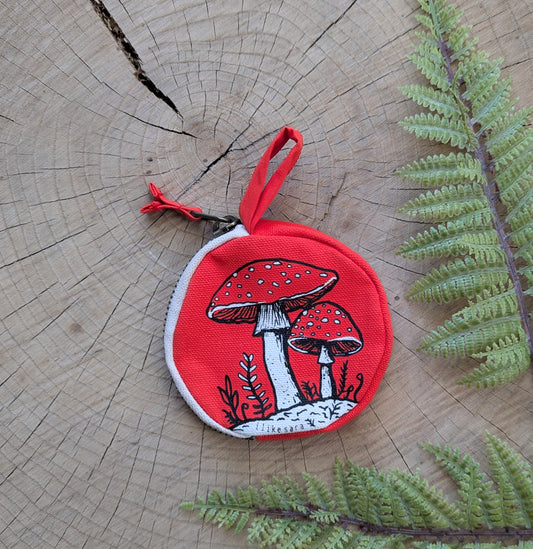 coin pouch | mushroom - red zipper bag with waterproof lining