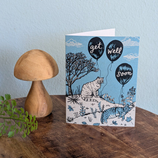 greeting card | get well soon cats - blue cats with balloons