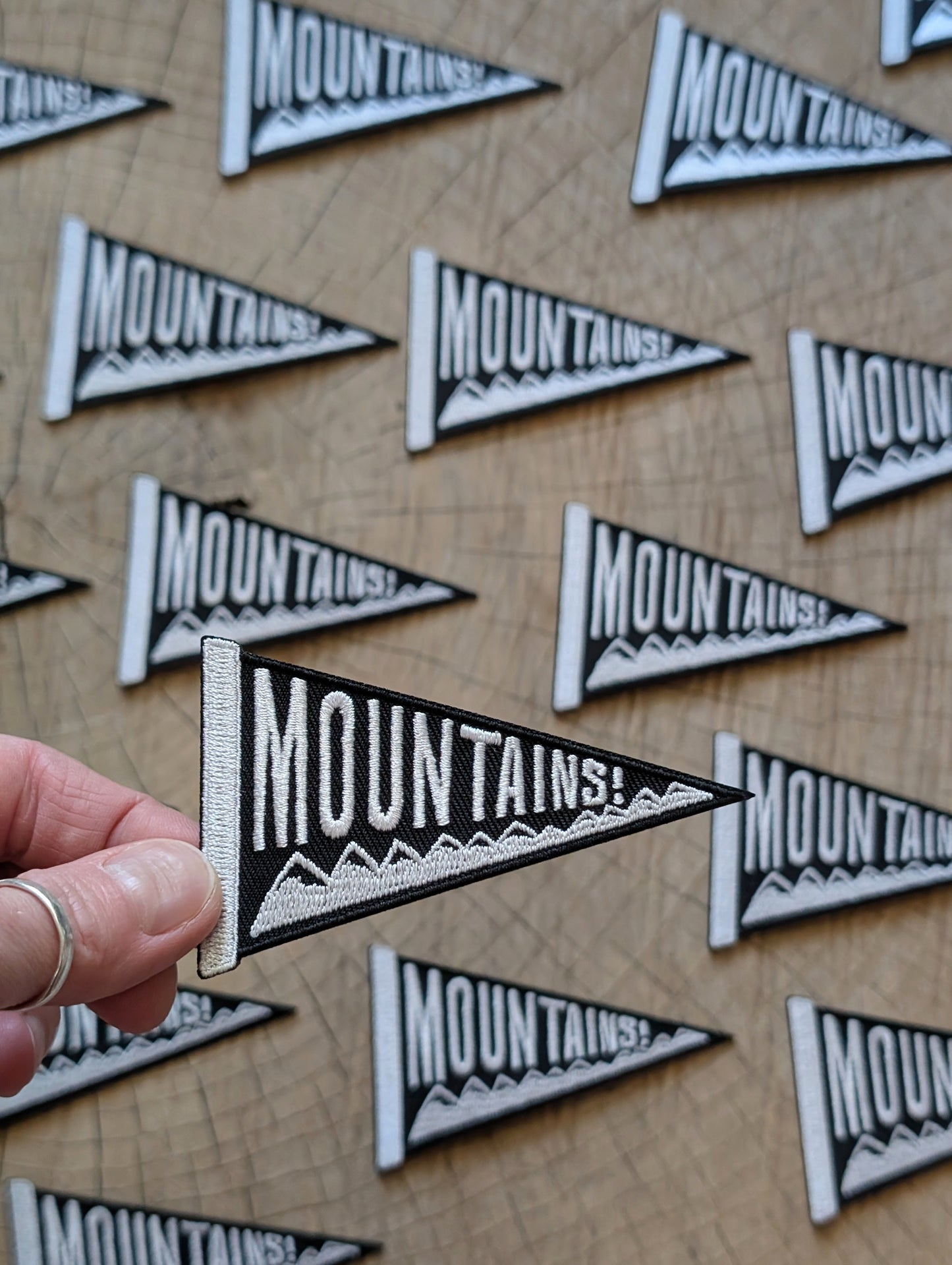 iron-on patch | mountains pennant - black & white 3.4" x 2"