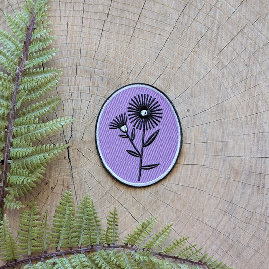 iron-on patch | aster flower - purple oval 2.75" x 3.3"