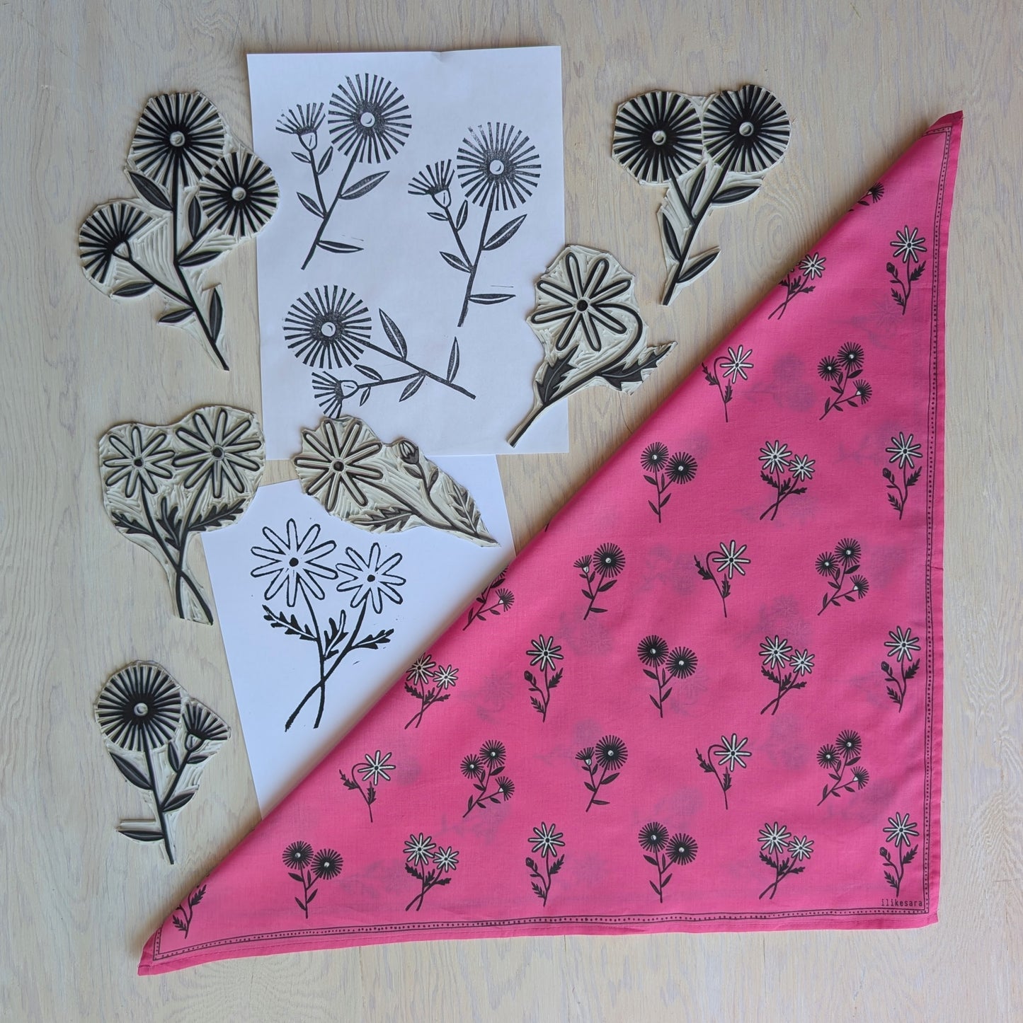 bandana | bloom - hot pink floral pattern flower blockprint scarf neckerchief