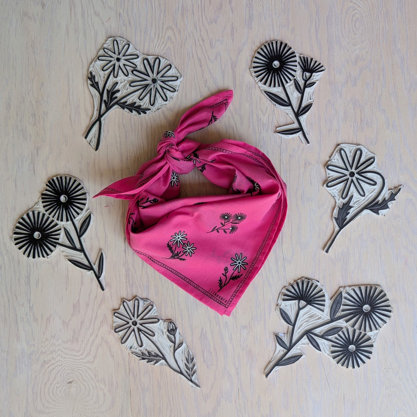 bandana | bloom - hot pink floral pattern flower blockprint scarf neckerchief