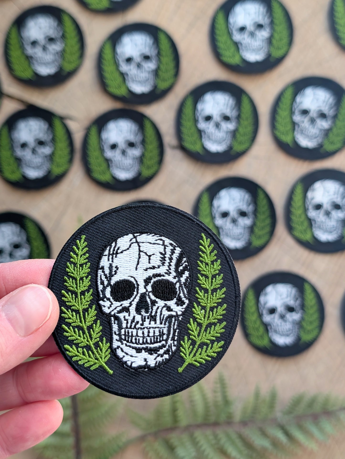 iron-on patch | skull with ferns - embroidered applique, bones & plants