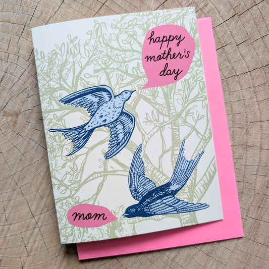 greeting card | bird happy mother's day - birds & trees with hot pink envelope