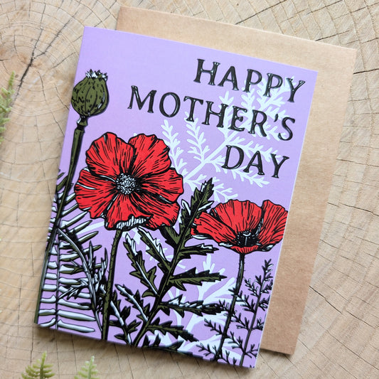 greeting card | happy mother's day - poppies & ferns on lavendar