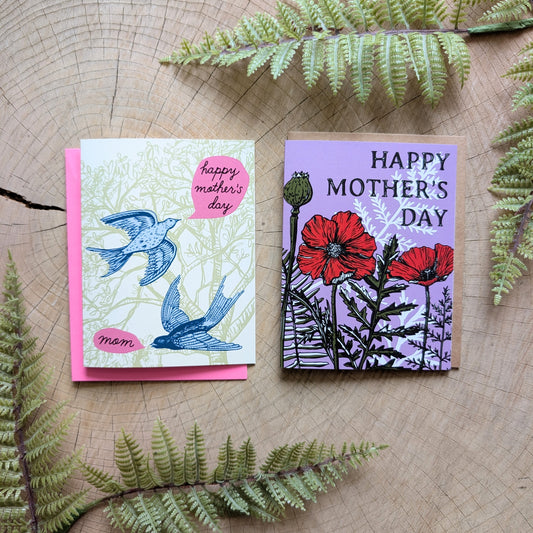 greeting card | bird happy mother's day - birds & trees with hot pink envelope