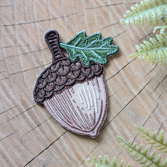 iron-on patch | oak acorn with leaf - embroidered applique, woodland nature