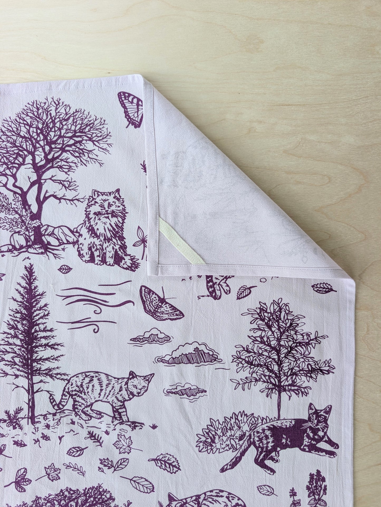 tea towel | outside cats - purple cotton flour sack kitchen dish cloth