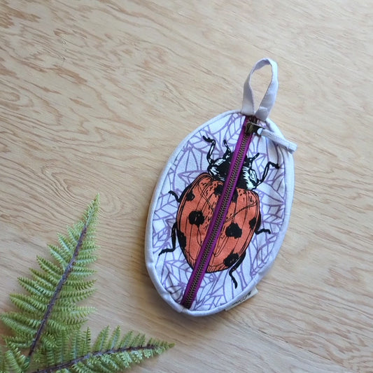 zippered pouch | ladybug - purple & red insect pencil, supply, makeup bag with waterproof lining