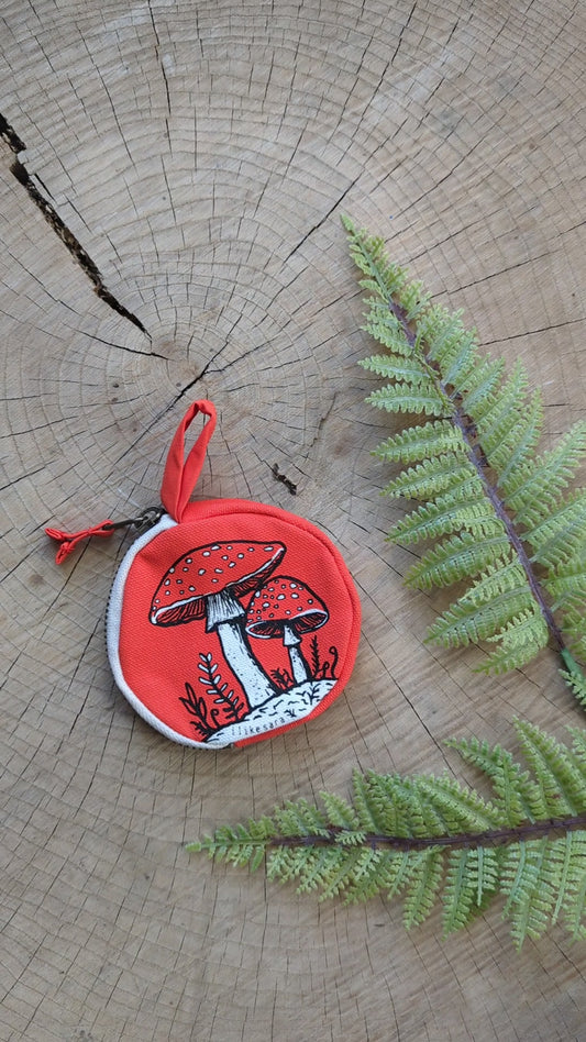 coin pouch | mushroom - red zipper bag with waterproof lining