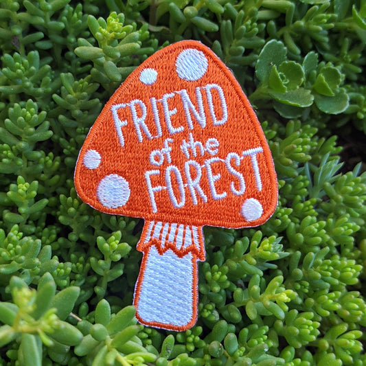 iron-on patch | friend of the forest mushroom - red orange 1.75" x 2.5"