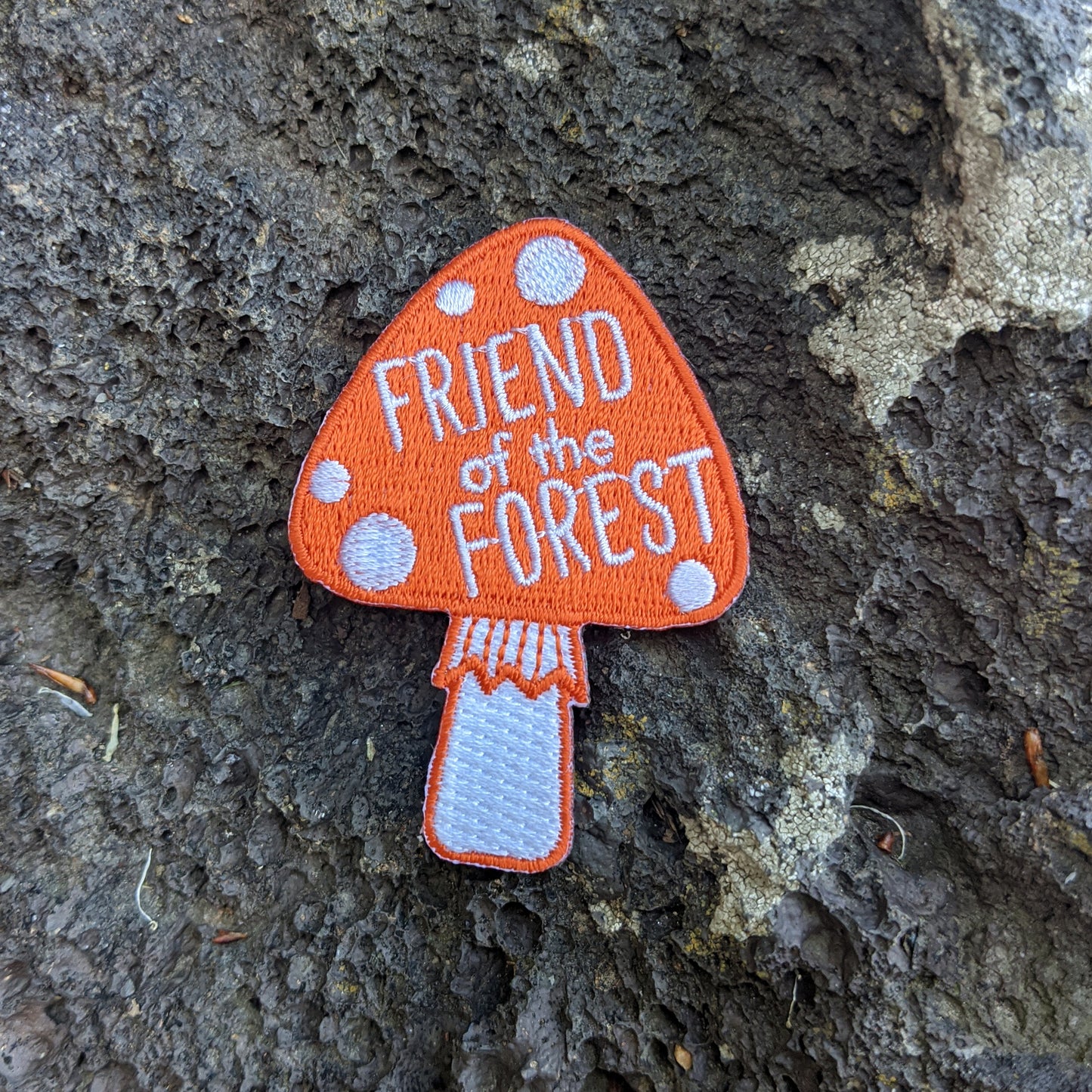 iron-on patch | friend of the forest mushroom - red orange 1.75" x 2.5"