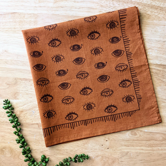 bandana | eyeball - orange & brown folky blockprint eye scarf neckerchief
