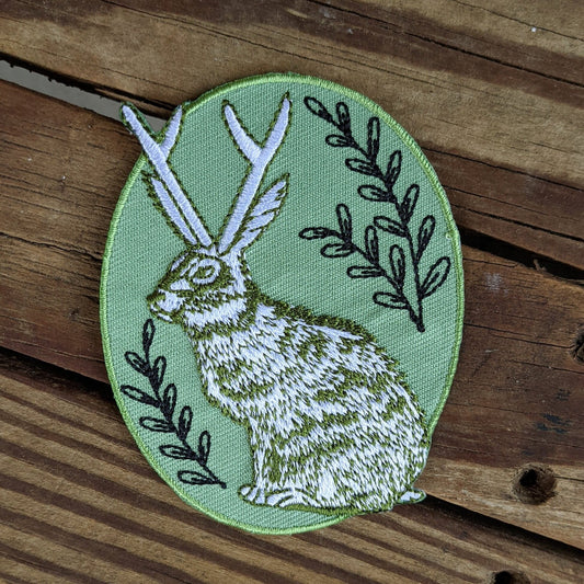iron-on patch | jackalope - green oval 2.5" x 3.2"