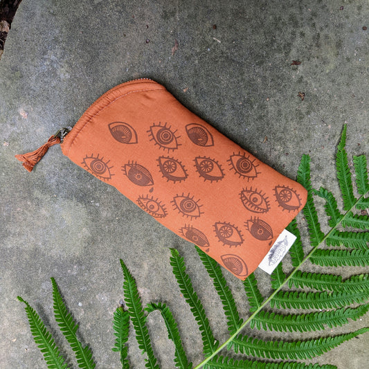 glasses case | eye glasses - orange & brown eyeball cushioned zipper bag