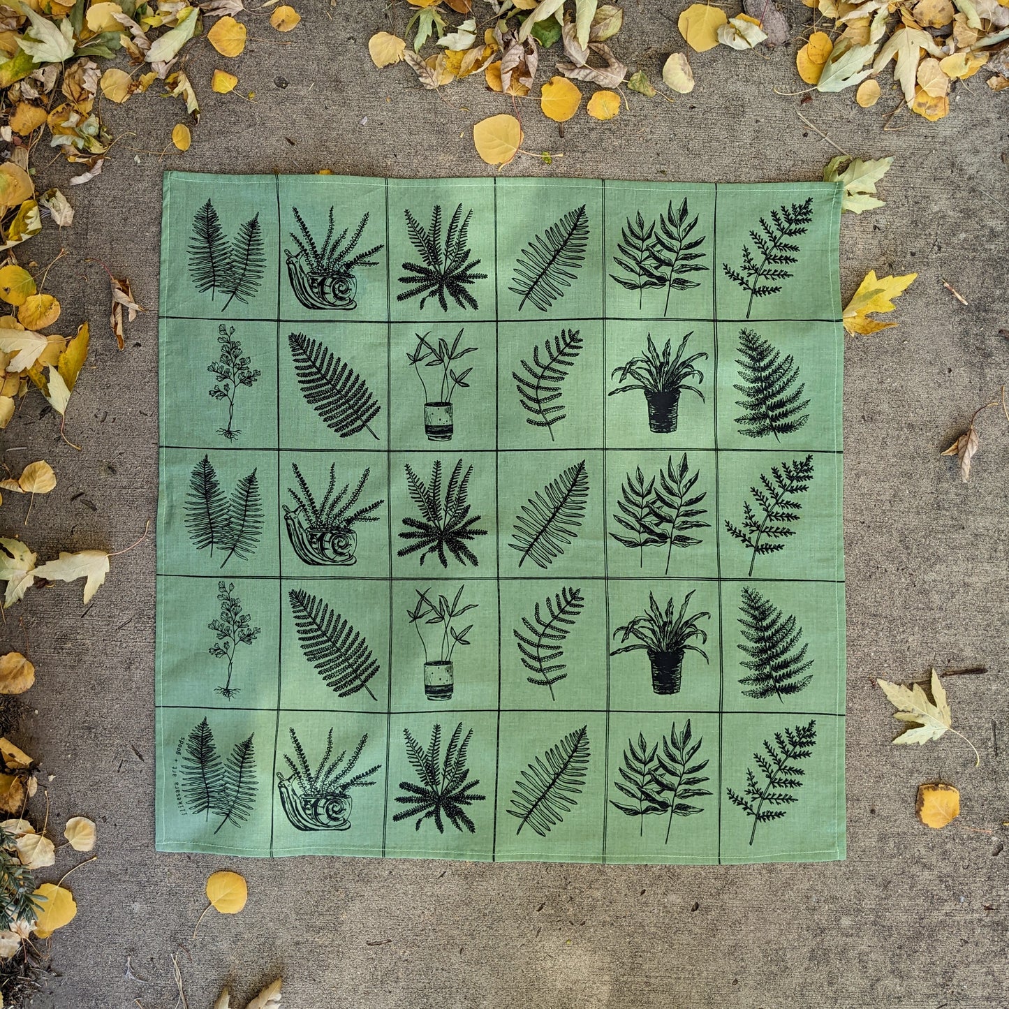 bandana | fern specimen - green grid patterned scarf with plants