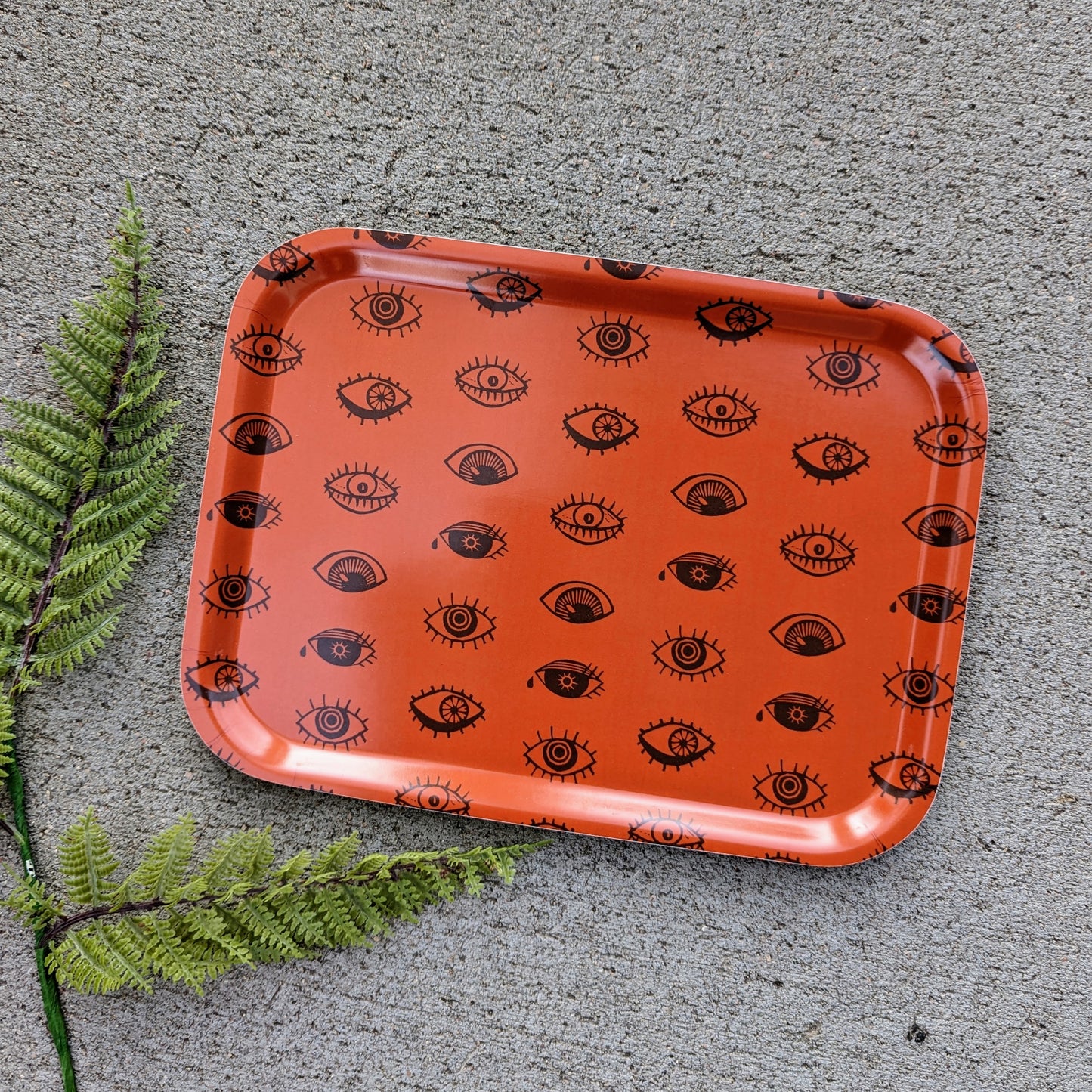 birch wood tray | eyeball - orange blockprint eye 11" x 8" dishwasher safe