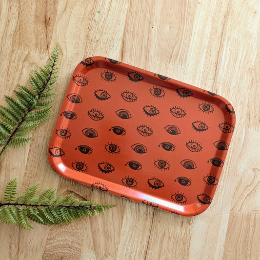 birch wood tray | eyeball - orange blockprint eye 11" x 8" dishwasher safe