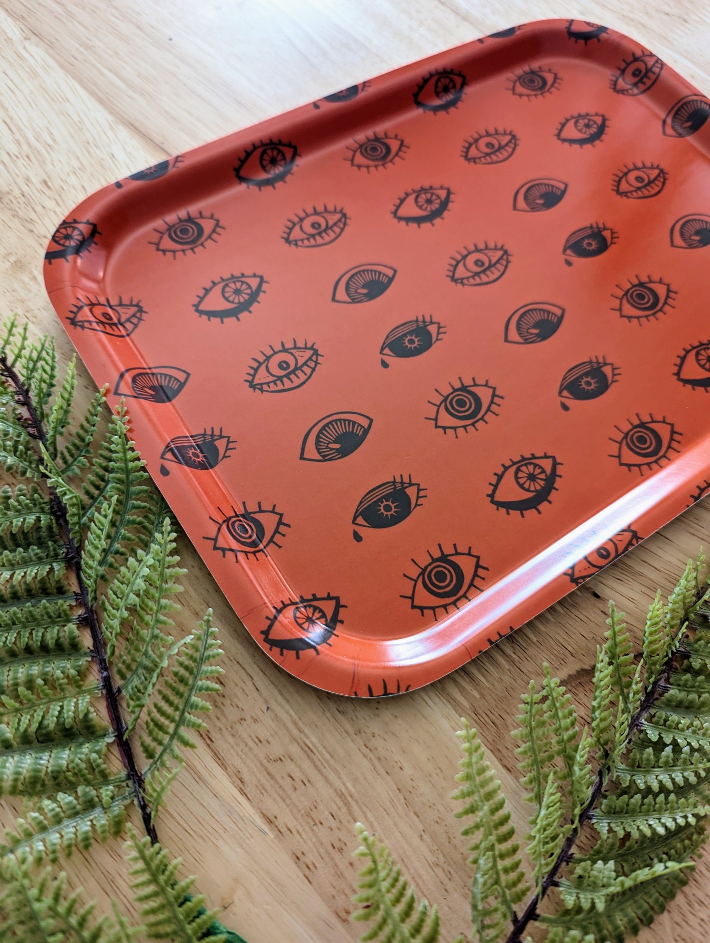 birch wood tray | eyeball - orange blockprint eye 11" x 8" dishwasher safe