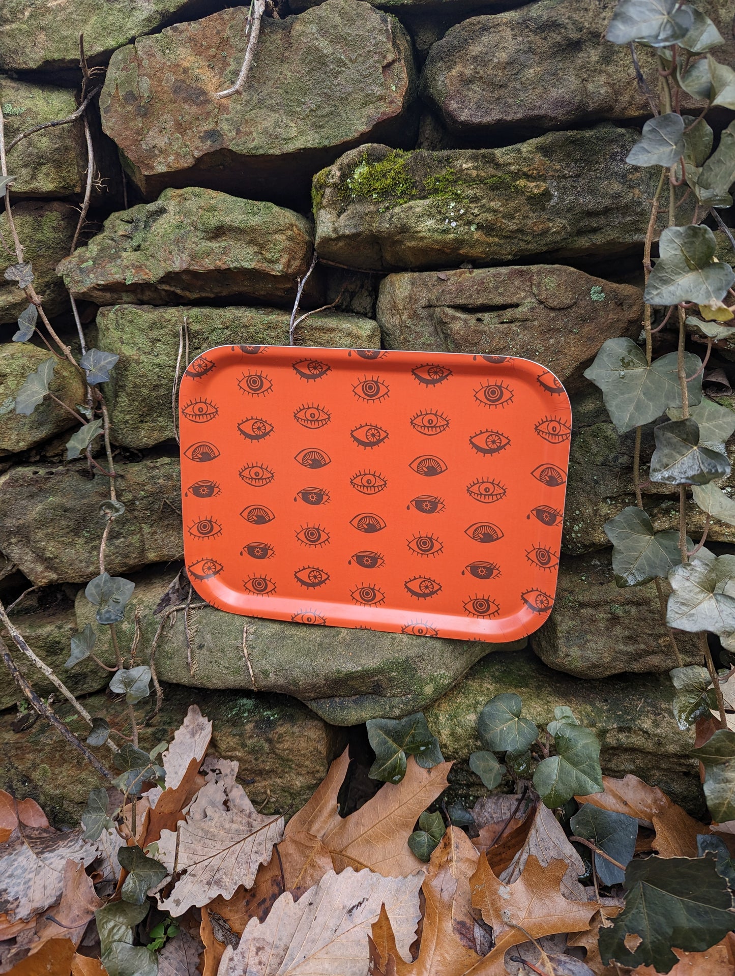 birch wood tray | eyeball - orange blockprint eye 11" x 8" dishwasher safe